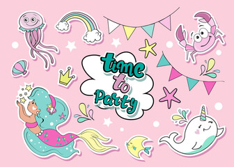 Birthday set with fashion patch badges mermaid, unicorn whale, fish, jellyfish, crab and starfish on a pink background. Vector stock illustration party for girl © Lucky Project