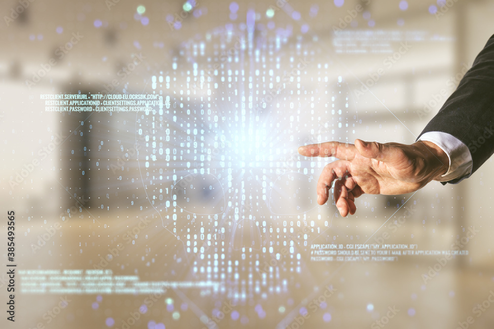 Poster double exposure of male hand working with abstract virtual creative code skull hologram on blurred o