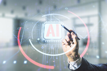 Double exposure of businessman hand with pen working with creative artificial Intelligence...
