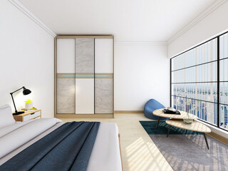 The clean and tidy bedroom has a bed and cupboard