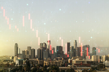 Abstract virtual crisis chart illustration on Los Angeles skyline background. Global crisis and bankruptcy concept. Multiexposure
