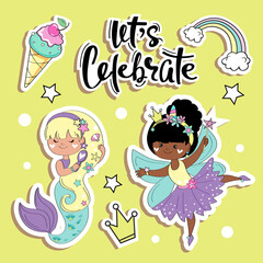 Stock vector illustration of cartoon fairy and mermaid. Fashion Birthday Patches