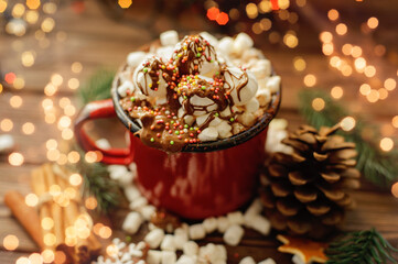 cocoa or hot chocolate with marshmallow on rustic table. Christmas or New Year composition.
