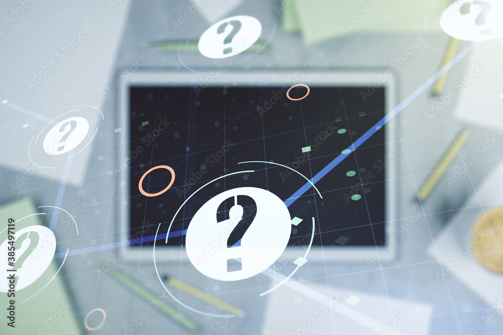 Aufkleber creative concept of question mark illustration and modern digital tablet on background, top view. fa
