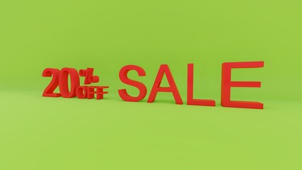 20 percent sale text in 3d green screen