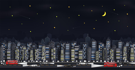 Cityscape with buildings with Group of Skyscrapers in the night.and the panorama view.and traffic of cars within the city.and represents the city in Europe and paper cut style design. and background.
