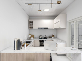 Sunlight into the kitchen, the kitchen clean and tidy and sanitary