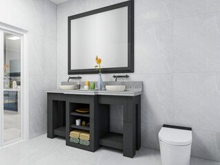 The clean and bright washroom is equipped with washstand, bathroom and other facilities