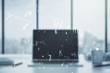 Creative scientific formula illustration on modern computer background, science and research concept. Multiexposure