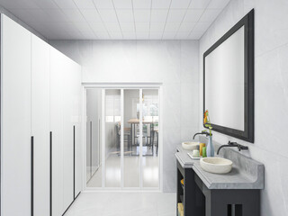 The clean and bright washroom is equipped with washstand, bathroom and other facilities