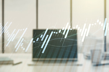 Multi exposure of abstract creative financial chart on computer background, research and analytics concept