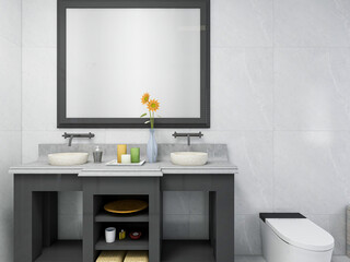 The clean and bright washroom is equipped with washstand, bathroom and other facilities