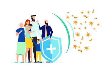 Immune system vector logo icon. Protection against bacteria, health viruses. A healthy family is behind the shield, and the shield repels the attack of bacteria. Boost immunity using medicine concept 