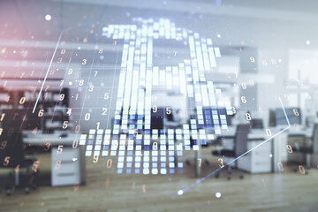 Obraz premium Double exposure of creative Bitcoin symbol hologram on a modern furnished office interior background. Mining and blockchain concept