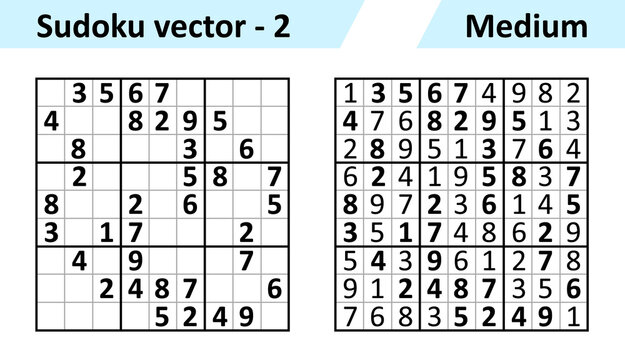 Sudoku game with answers. Simple vector design set Sudoku. Blank template. Complexity of the task is medium.