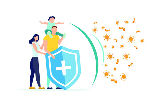 Immune system vector logo icon. Protection against bacteria, health viruses. A healthy family is behind the shield, and the shield repels the attack of bacteria. Boost immunity using medicine concept 