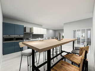 Clean and tidy dining room has wooden table and chair, very neat and clean