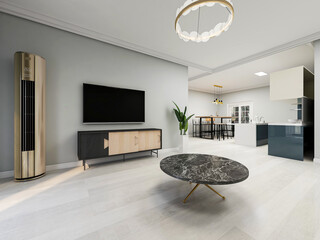 There are cloth sofa and table in the clean living room