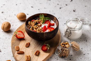 Granola yogurt with strawberries and chia seeds