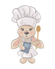 Cartoon character bunny scullion stands with a recipe book and a wooden spoon in his paws. Vector illustration.