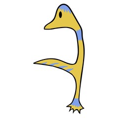 Cartoon yellow ostrich bird with blue feather stripes stands and points to something.