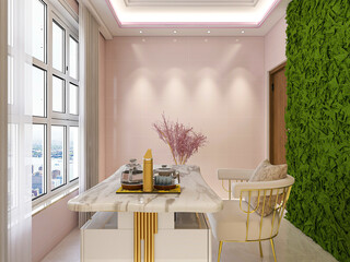 The sunny balcony has tables, chairs, green plants and so on. The sunlight comes in, which is very leisurely and comfortable