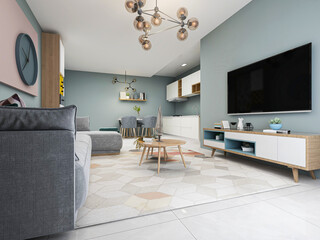 There are cloth sofa and table in the clean living room