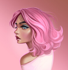 Girl with flying pink hair