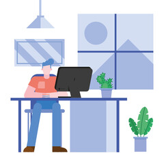 Man with computer at desk working from home vector design