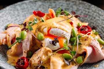 Breakfast mix with egg turkey and hollandaise