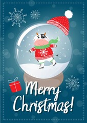 Vector colorful Christmas postcard with text. Cute cartoon cow or bull, symbol of new 2021 year, skiing. Souvenir globe with snowflakes inside. 