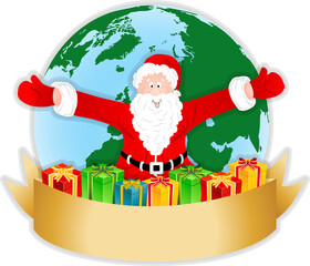 Santa Claus with christmas gifts on background of the Earth