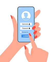 Online registration concept. Hand holding smart phone and touching the screen with online registration form and sign up button.