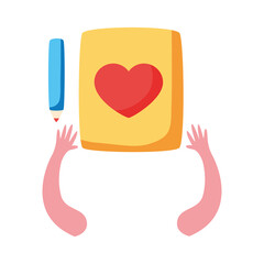 text book with pencil and heart supplies icon