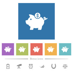 Dollar piggy bank flat white icons in square backgrounds