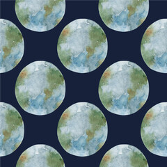 Seamless pattern with the watercolor drawing of the planet earth on a dark blue background.