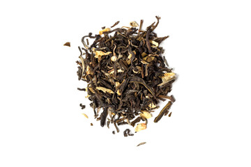 Dry tea with various additives on white background, top view