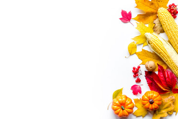 Thanksgiving autumn flat lay background with leaves and pumpkins