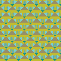 Vector seamless pattern background texture with geometric shapes, colored in yellow, green, blue, brown colors.