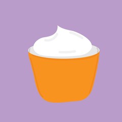 small yellow jar of white cream isolated on purple background. Vector illustration in flat cartoon style.