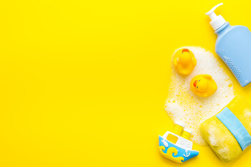 Newborn bath time concept with care cosmetics product