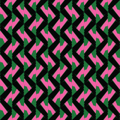 Vector seamless pattern background texture with geometric shapes, colored in black, green, pink colors.