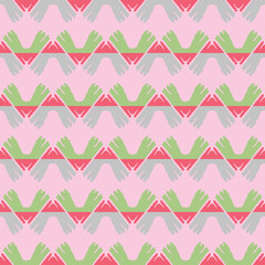 Vector seamless pattern background texture with geometric shapes, colored in pink, green, grey, red colors.