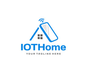 Home automation system logo design. Smart home technology vector design. Mobile phone with roof of the house logotype