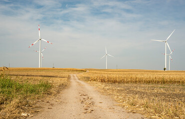 Wind turbines in the fields, renewable energy concept