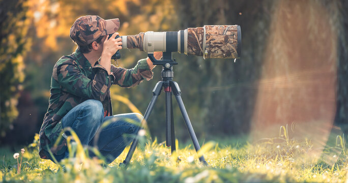 wildlife photographer using telephoto lens with camouflage coating photographing wild life using gimbal head on tripod. professional photography equipment for cinematic shooting in the nature outdoor