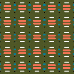 Vector seamless pattern background texture with geometric shapes, colored in green, orange, blue, black, white colors.