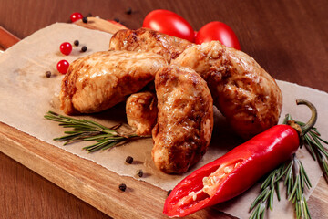 White meat fried chicken on charcoal with sauce and fries on a wooden board.