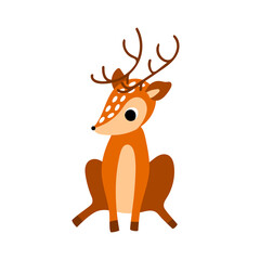 Cute cartoon sitting deer. Front view. Nice woodland character isolated on white background. Vector illustration.