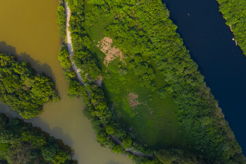lake of the Tiete ecological park next to the Tiete river in Sao Paulo, Brazil, seen from the top